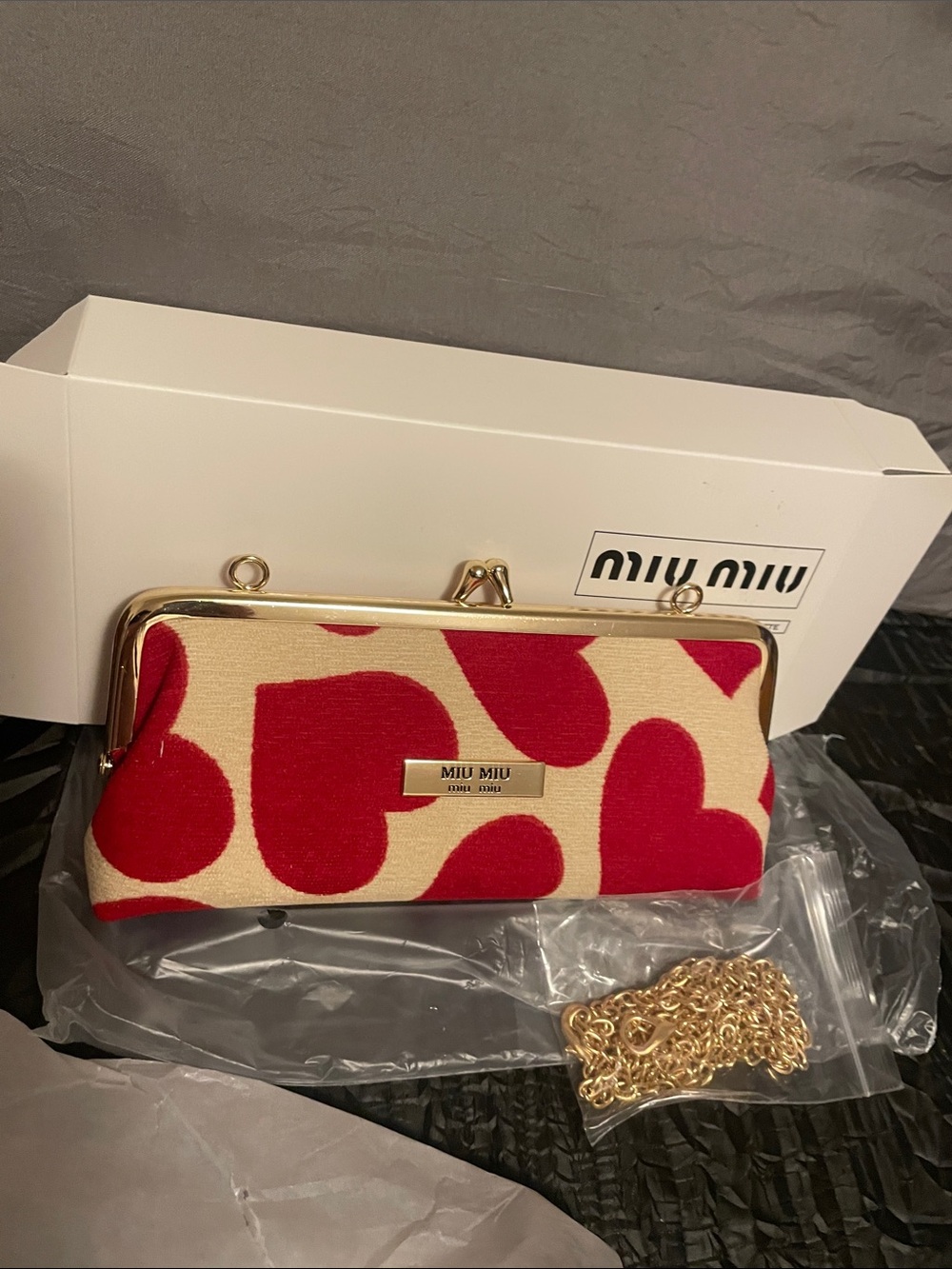 Miu Miu Cream Canvas Clutch with Red Heart Motif
